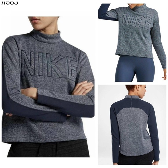 Nike Mockneck Knit Block Letter Embroidered Cropped Blue Sweater Size Small - Picture 1 of 16